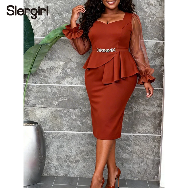 

Slergiri Plus Size 2 In 1 Sweetheart Neck Mesh Sleeve Ruffle Dress Women Spring Summer Elegant Office Ladies Bodycon Party Dress