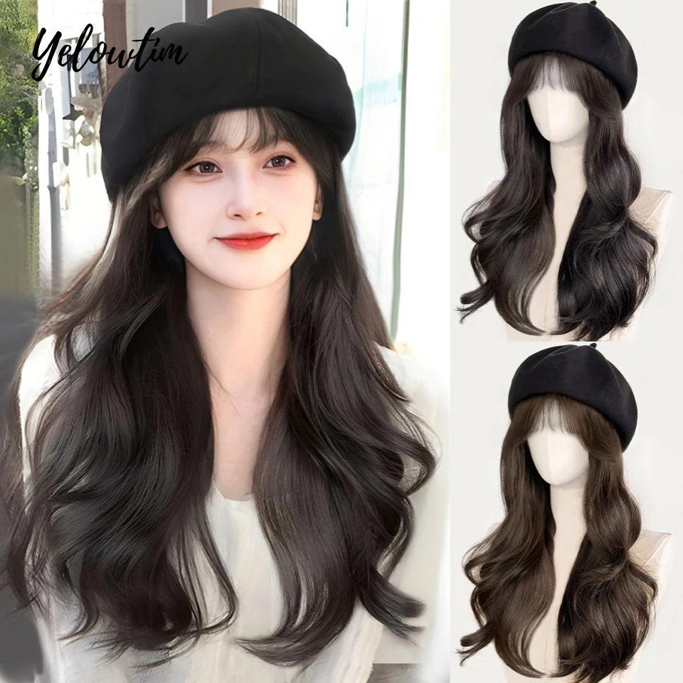 

YELOWTIM Women's Autumn Winter Small Wig Beret Hat Long Hair Front Bangs Integrated Fashion Full Head Cover Curling Hair Wig