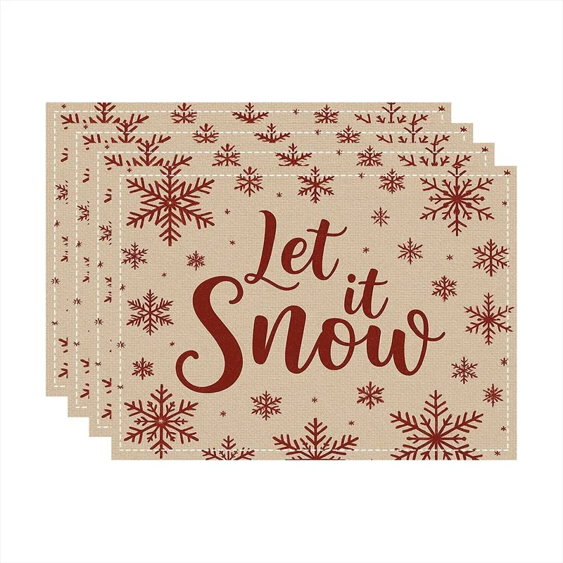 VIKAMA Linen Placemats Let It Snow Snowflakes Beige Red, Stain Resistant Easy to Clean, Dining Table Winter Decor