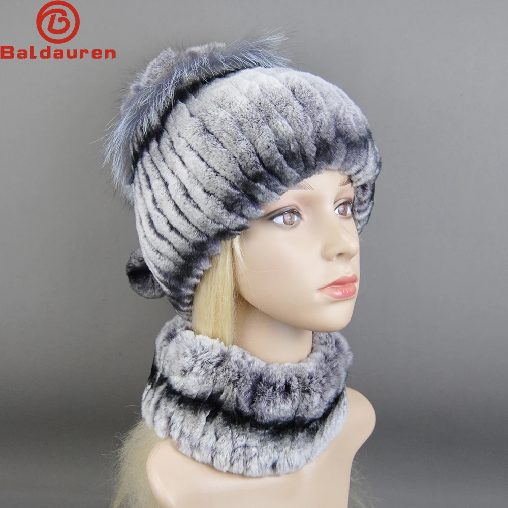 

New Style Women Warm Rex Rabbit Fur Hat Scarf Sets Winter Natural Rex Rabbit Fur Cap Scarves Lady Knit Fur Hats Muffler 2 Pieces