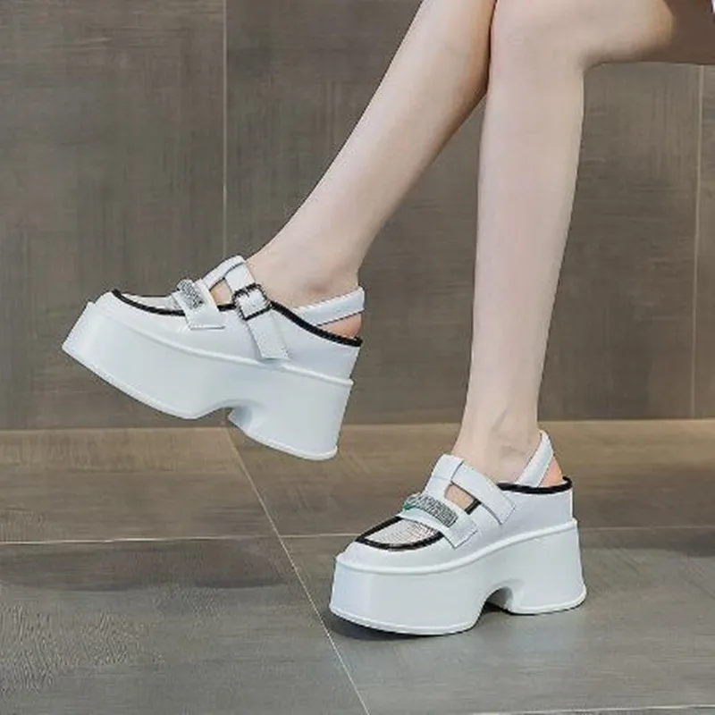 

11cm Air Mesh Genuine Leather Platform Chunky Sneakers Women Sandals Casual Hollow Rhinestone New Summer Slippers Females Shoes