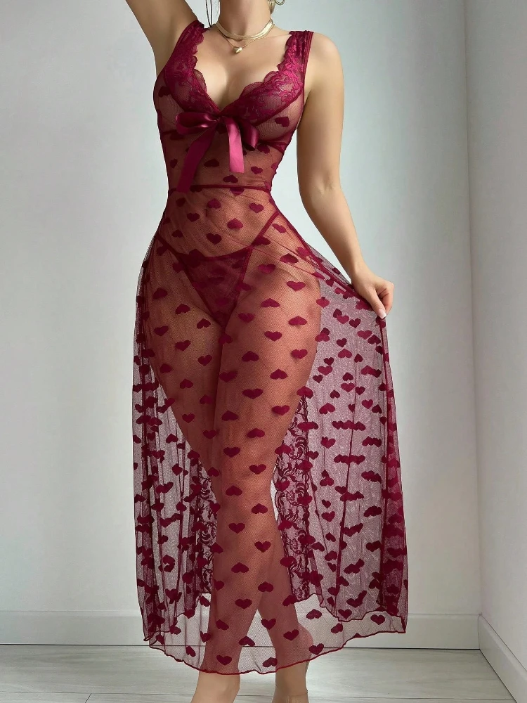 

SsTss Сексуальное прозрачное кружевное длинное ночное платье с разрезом Sweet Heart Bowknot Глубокий V-образный вырез Ночные рубашки без рукавов Женская одежда для сна с трусиками