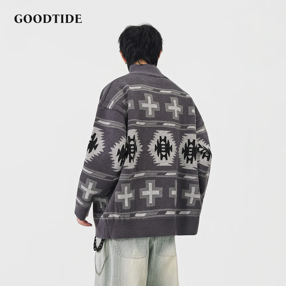 سترة رجالية عصرية غير رسمية بسحاب كامل ورقبة وهمية 2025 شتاء جديد نمط هندسي محبوك سترة ناعمة كم طويل ملابس خارجية #2