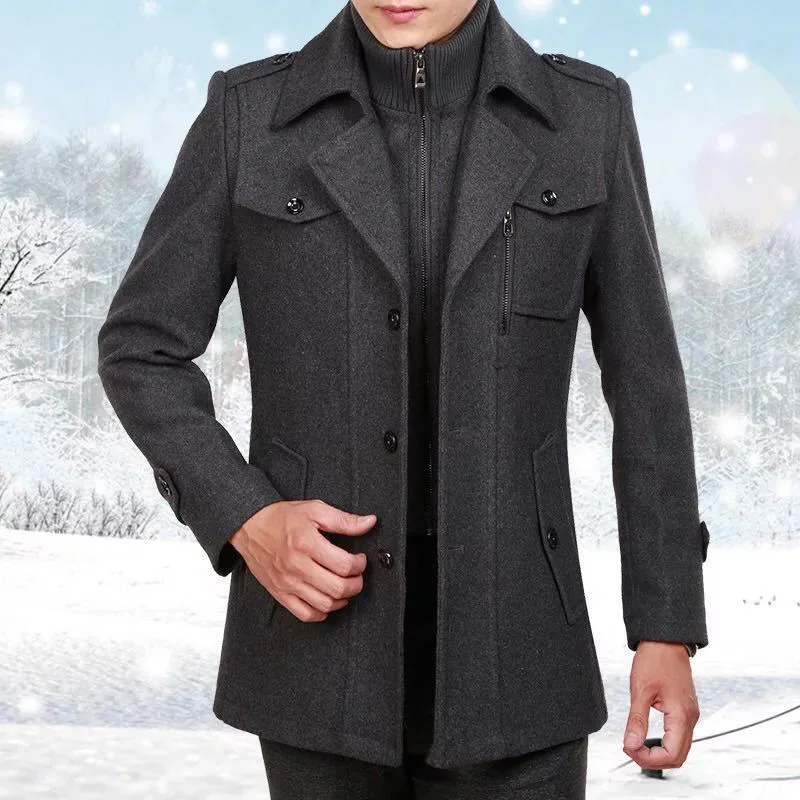 

Casual Overcoat for Autumn Winter Men's Jacket Solid Color Fake Two Piece Zipper Buttons Coat Long Sleeves Leisure