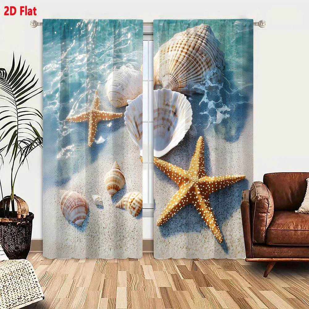 2Pcs Curtains Serene Marine Life On Sunlit Sandy Beach With Orange Starfish And Seashells Window Drapes for Bedroom Room Decor D