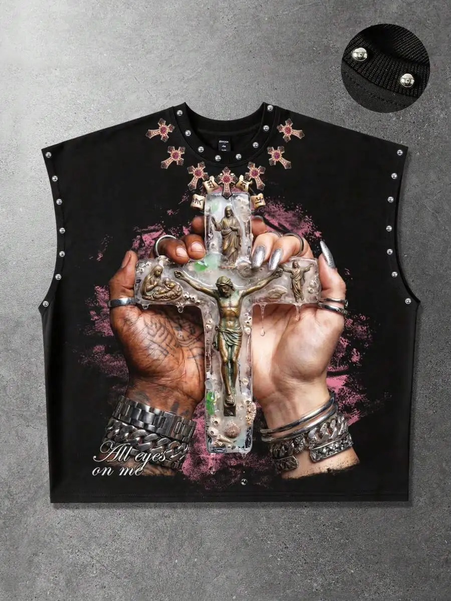 American Retro Big Cross Graphic T Shirts Hip-hop Street Life Loose Men Summer Sleeveless Vest Fashion Casual Y2k Rivet T-shirt