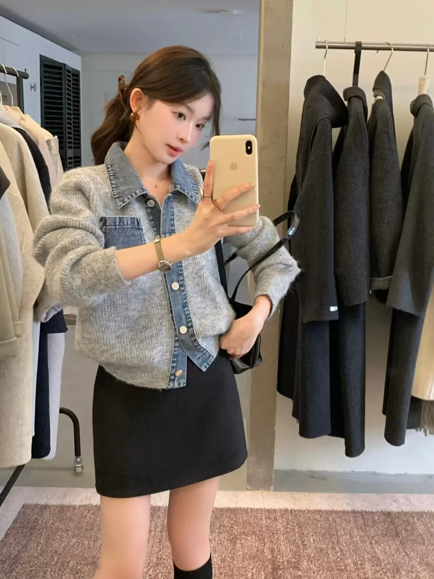 Korean Design  Neck Denim Patchwork Knitted Open Cardigan Women's Spring Autumn Winter New Versatile Sweater Elegant Oute...