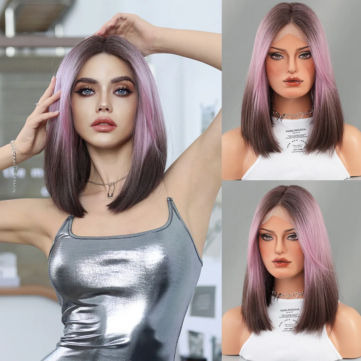 Small T lace  pink gradient brown short straight hair with high-temperature chemical fiber BoB Lace front Wigs