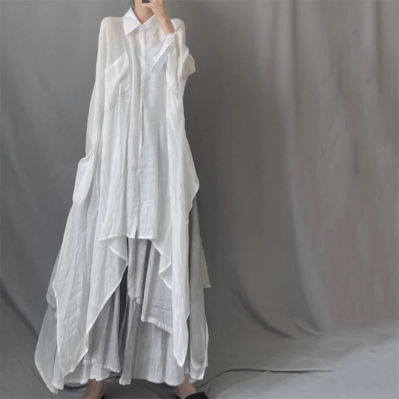 Fashionable Women's Lapel Long Sleeve Irregular Dress Mid-length Sun Protection Clothes Loose Shirt Group