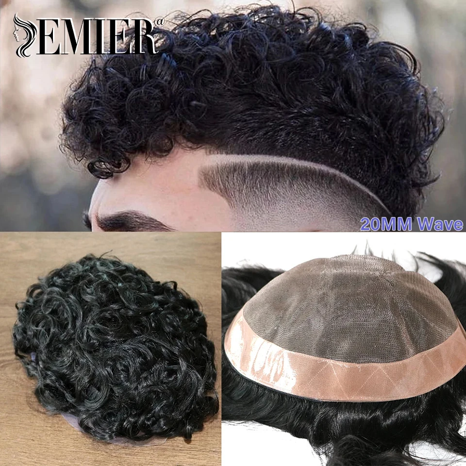 20mm Wave Fine Mono With NPU Base Remy Hair Men Wig Toupee Durable Capillary Prostheses Human Hair Replacement System For Men