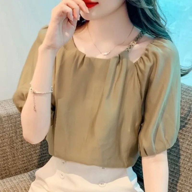 French Style Chic Puff Sleeve Chiffon Blouses 2024 Summer New Women\'s Solid Hollow Out Ruched Loose Commute Crew Neck Shirt Tops