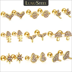 LUXUSTEEL-pendientes de tuerca de acero inoxidable para mujer y niña, Micro circonita cúbica, corazón, planta, hoja, seta, tornillo de cuentas, Piercing de oreja