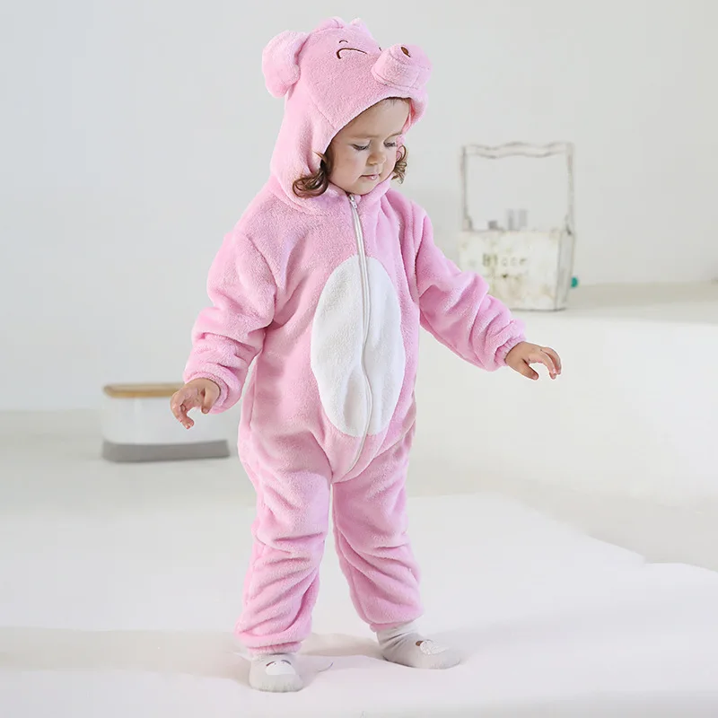 Pajamas Spring and Winter Animal Cartoon Children\'s One-piece Climbing Suit Powder Pig Warm Home Clothing Can Be Worn Outside