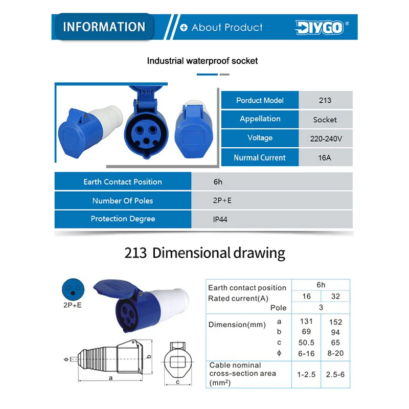 DIY GO 16A 3Pin 220-240V IP44 Waterproof Plug & Sockets Electric Cable Connector For Electrical Power Industrial Male and Female