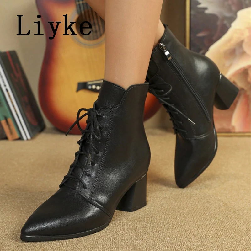 Liyke High Quality Cozy Leather Chelsea Boots Women Autumn Winter Street Sexy Pointed Toe Lace Up Zip Ladies Shoes Ankle Boot