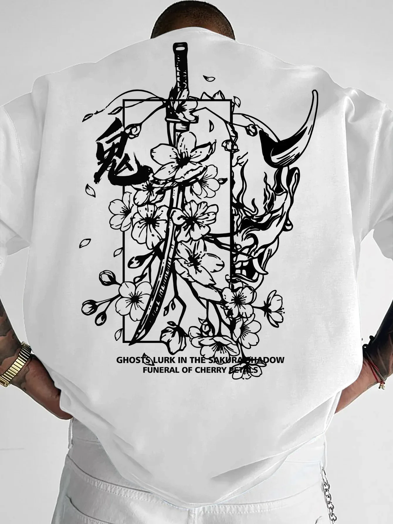 2026 Men's Oversized Oni Hannya Samurai Sakura Print T-shirt  Japanese Graphic Streetwear Tops  S-XXXXL
