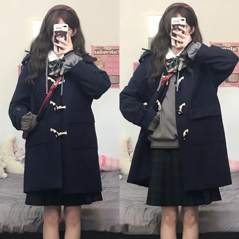 일본식 혼 버튼 코트 학교 유니폼 대학 스타일 쁘띠 JK 유니폼 두꺼운 양모 코트 여성 가을, 겨울