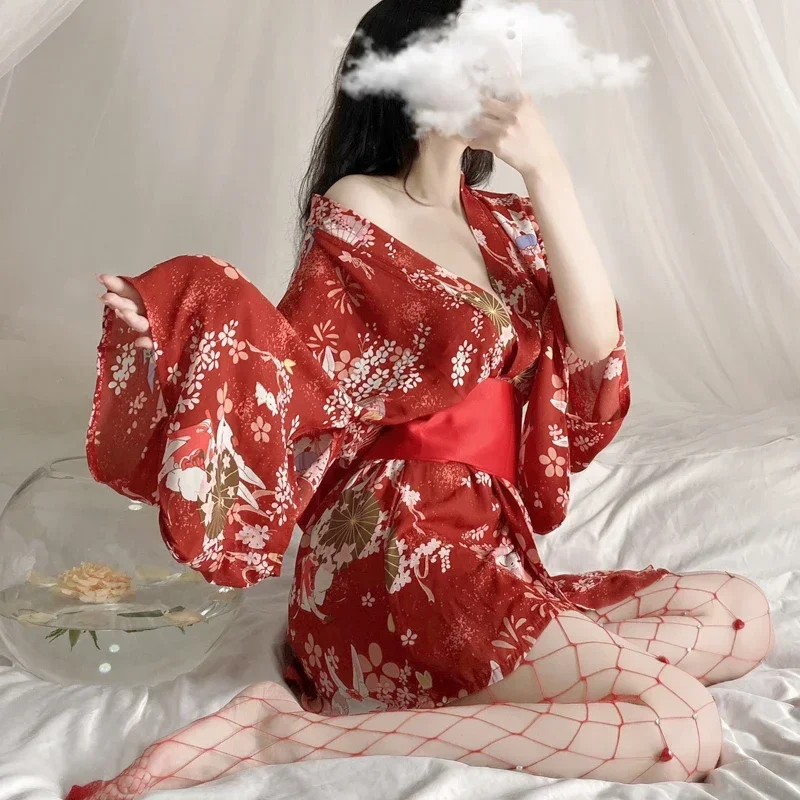 Kimono Japonais en Satin avec Ceinture à la Taille pour Femme, Uniforme de Cosplay, Tenue Sexy avec Robe, Costumes de Tentation, Ensemble de Pyjama