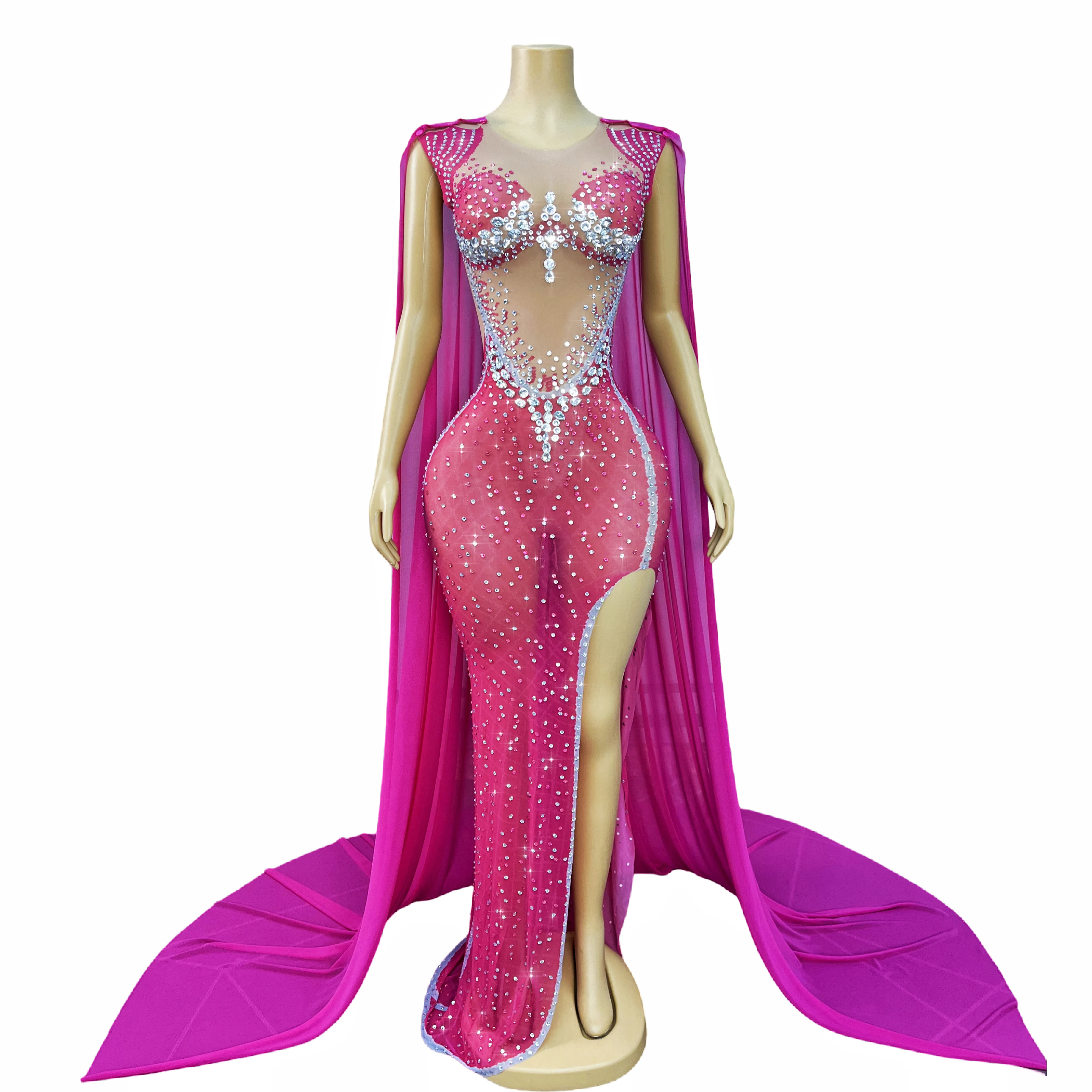 High-end elegante manteljurk sprankelende strass sexy hoge split mesh jurk avond prom rode loper show podiumoutfit meihongbing
