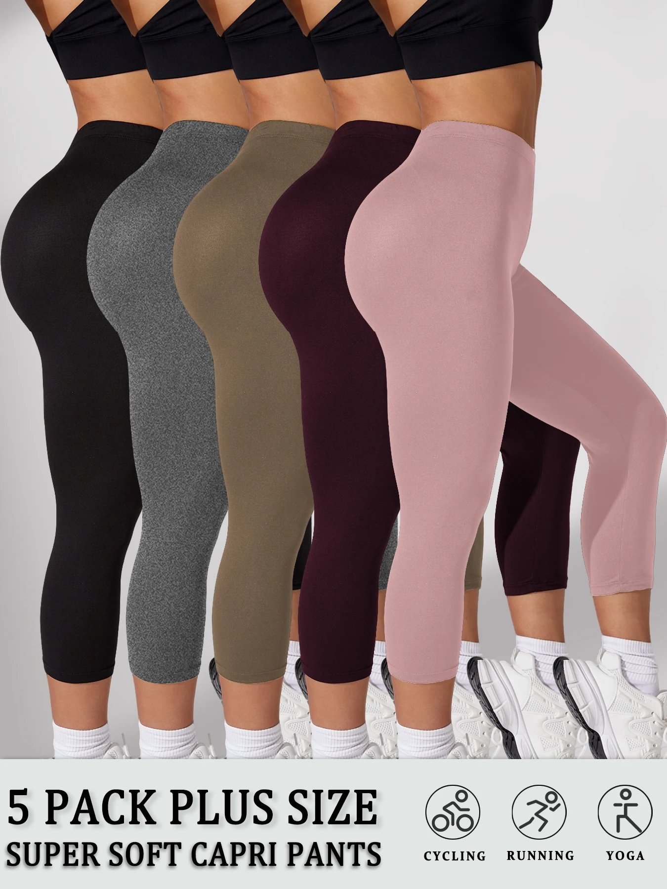 Plus Size 5 Pack Super Soft capri pants For Women, No See Through Workout Running Yoga Athletic Leggings Running