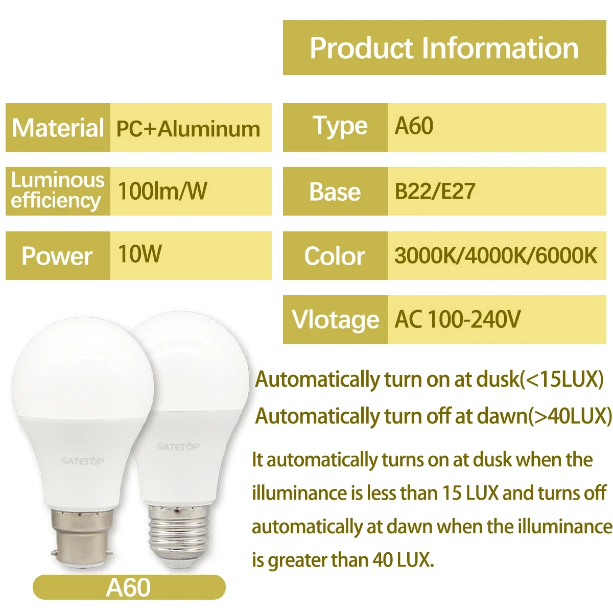 1pc Dusk to Dawn Light Sensor LED Bulb, AC110V 220V 10W E27 B22, Light Control Lamp for The Entrance of Underground Garage