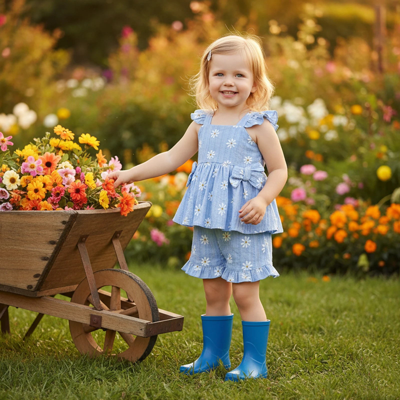 0-4Y Baby Girls 2 Piece Outfits Sweety Daisy Pattern Sleeveless Square Collar Ruffled Shirt Tops Shorts Set Baby Clothes