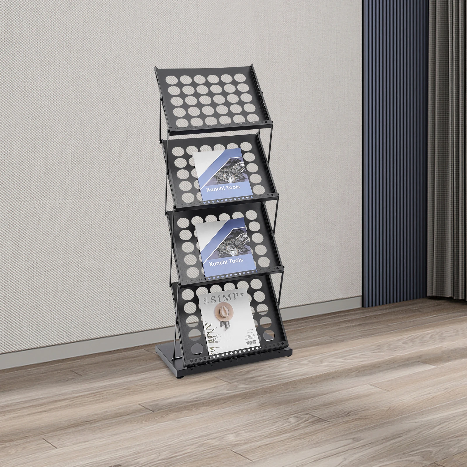 4 Tier Black Iron Freestanding Magazine Rack, Electrostatic Spray Painting Folding Brochure Display Stand With Raised Edge & Anti-Slip Pads, 20KG Load Inclined Literature Holder For Office, Hotel, Exhibition & Reception