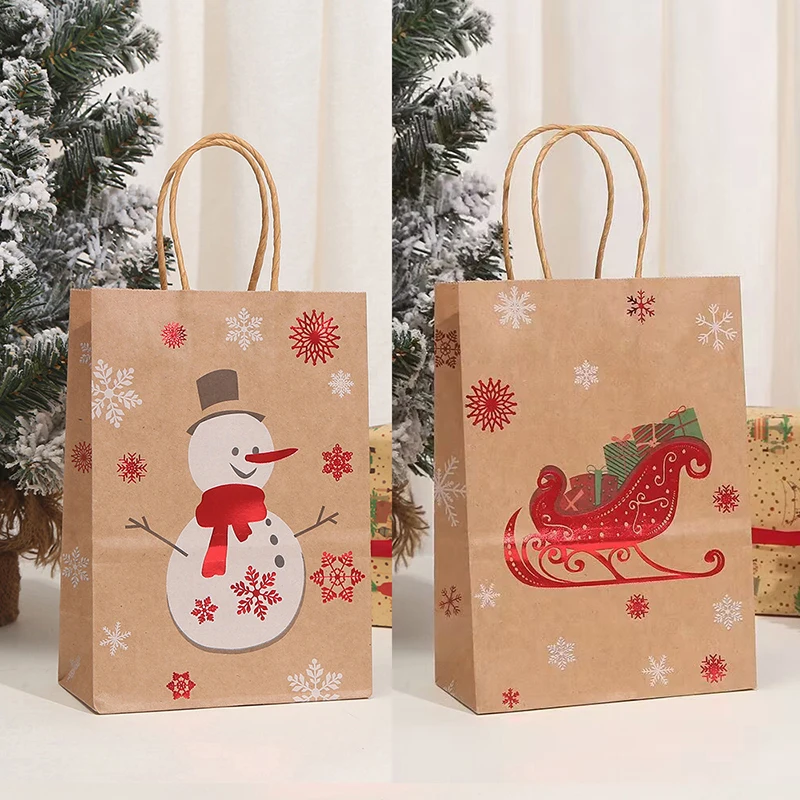 1Pcs Christmas Tote Kraft Paper Bag Reusable Grocery Shopping Totes Holiday Party Favor Bag Gilded Design Durable Storage Bag