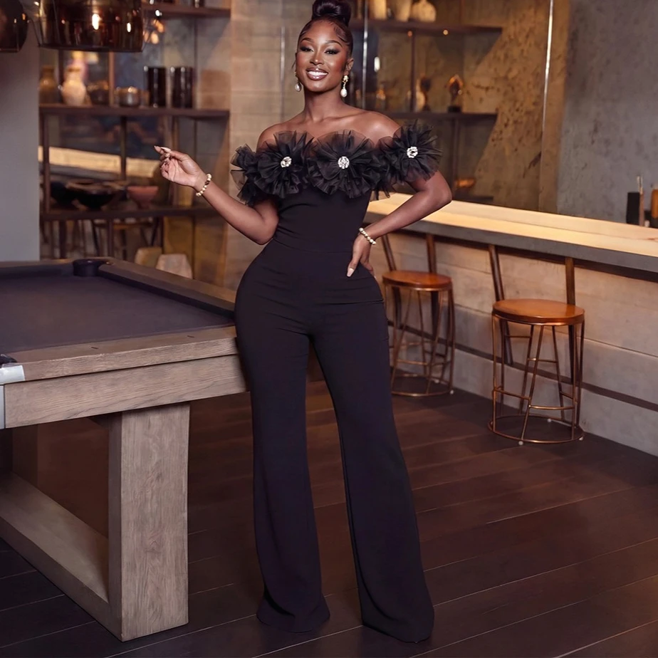 

Women Jumpsuits Solid Rompers 3D Flower Strapless Sleeveless Empire Waist Full Length Wide Leg Pants Slim Fit Casual 2026 Summer
