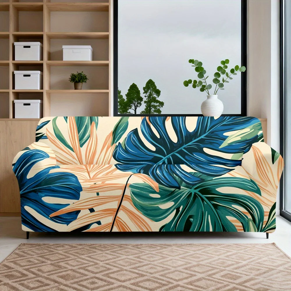 1pc Watercolor Palm Leaf Monstera Pattern Print Stretch Sofa Cover, Removable Washable Furniture Protector for Living Room