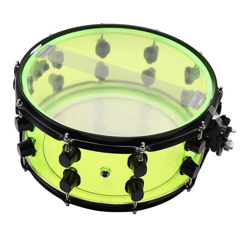 13 Inch Diameter 7 Inch Depth Acrylic Snare Drum Green with Black Color Iron Hoop and Metal One Side Drum Lug