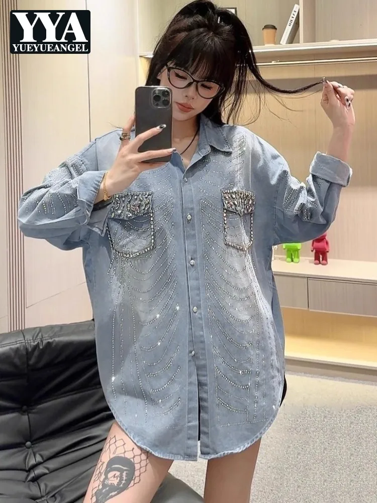

Oversize Women Casual Denim Shirt Long Sleeve Boyfriend Style Designer Loose Fit Fashion Crystal Streetwear Autumn Blouses Tops