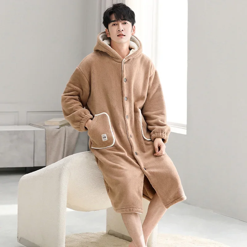 Couple Sleepwear Fall Winter Women\'s Coral Velvet Thick Velvet Hooded Nightgown Large Size Flannel Home Wear Both Men Women