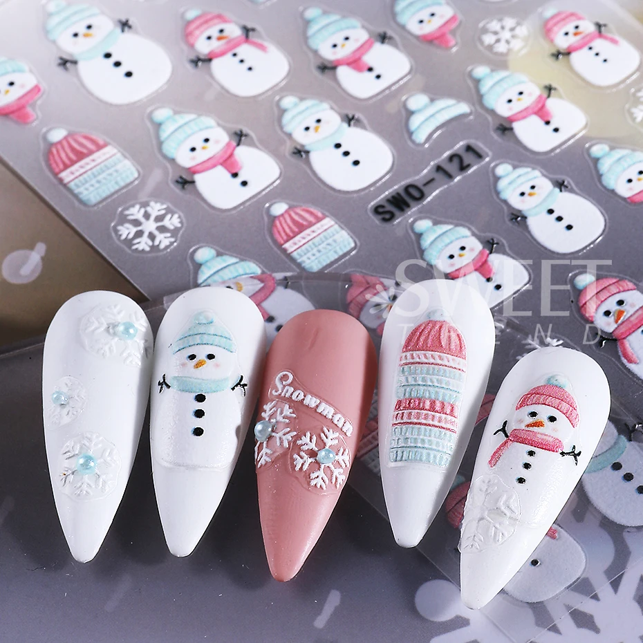 3 stks reliëf kerstsneeuwman nagelstickers schattige kerstman pinguïn beer sneeuwvlokken nagelstickers vakantie manicure decoratie