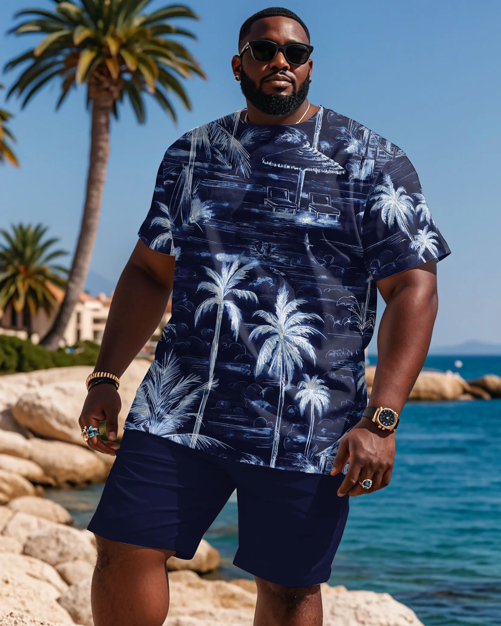 

S-9XL Big Tall Tropical Coconut Bamboo Leaf Print Short Sleeve Tee Beach Shorts 2 Piece Vacation Outfit