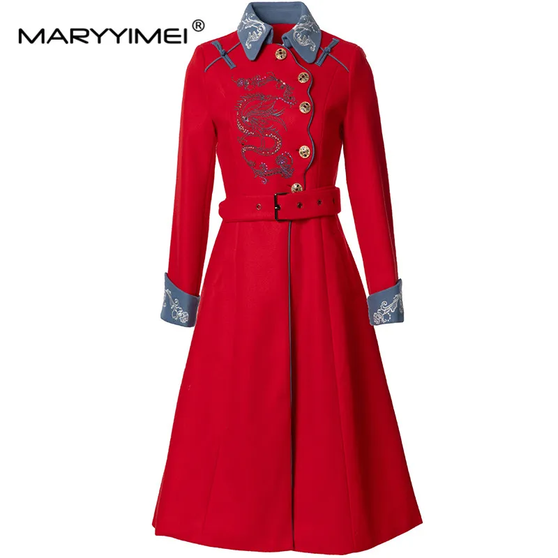 

MARYYIMEI Vintage Designer Coat Women Turn-Down Collar Single-breasted Lace-Up Tunic Long-Sleeved Embroidery Long Overcoat