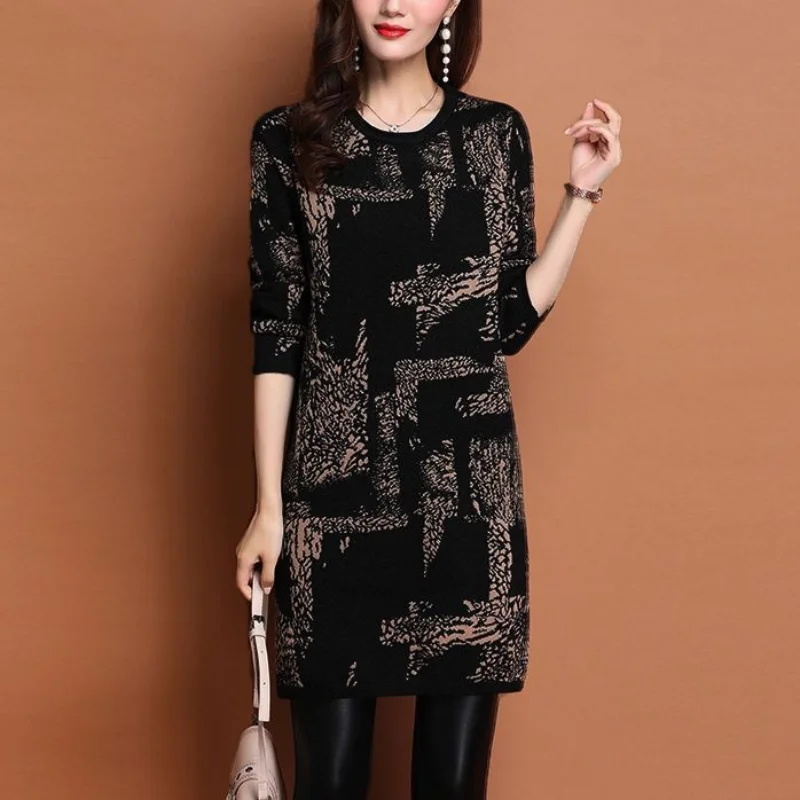 

Fashion Woman Blouses 2023 Lnclined Shoulder Thick Long Sleeve Round Neck Commuter Midi Skirts Loose Printing Tshirt Dress