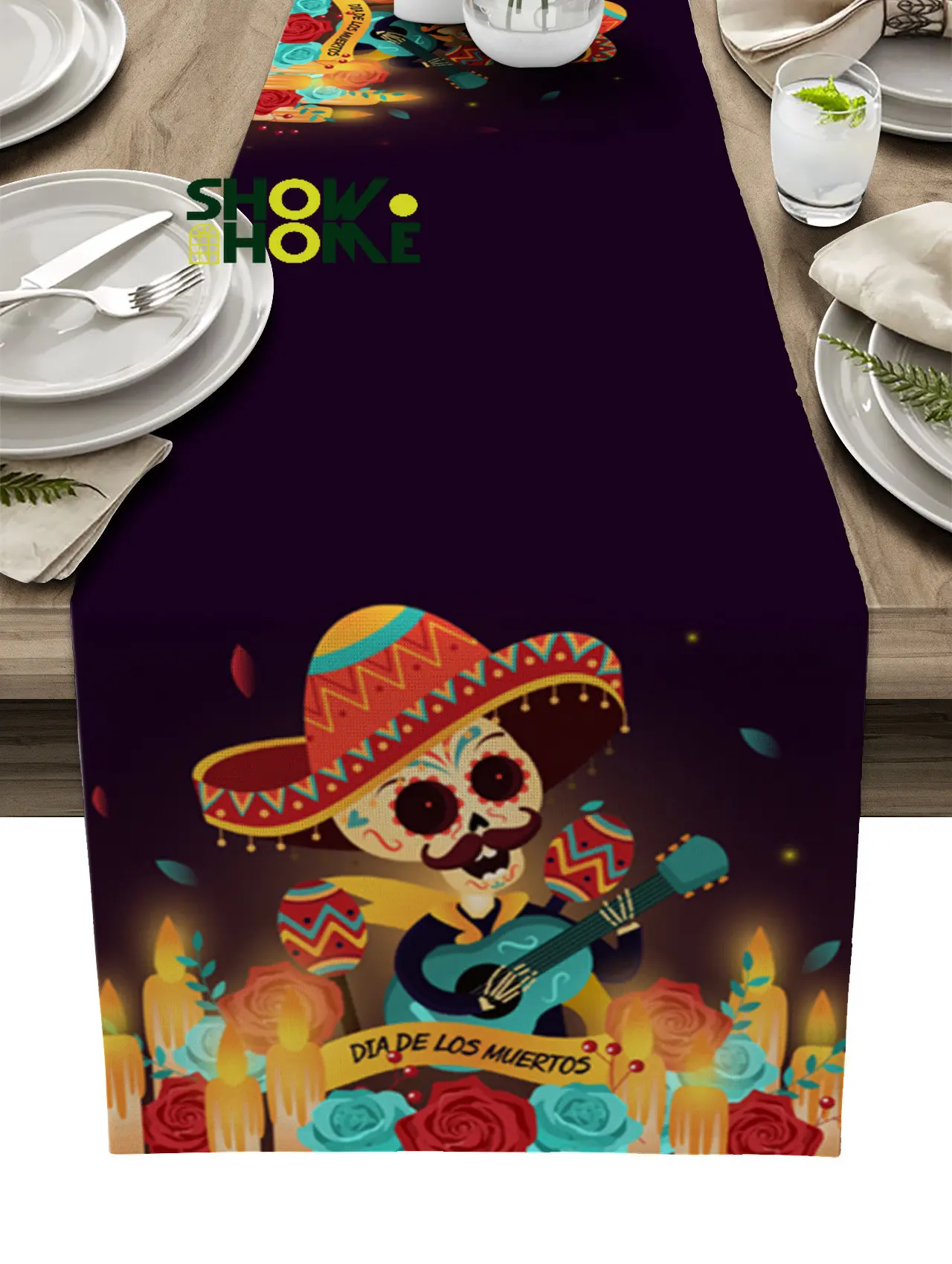 Mexican Skull Candle Luxury Table Runner Dining Table Wedding Party Christmas Cake Floral Tablecloth Decoration