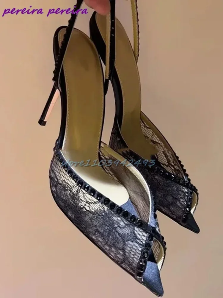 

Blue Lace Rhinestone Women Sandals Pointed Toe Stiletto Embroidered High Heel Back Strap New Slip On Pull On Narrow Band Shoes