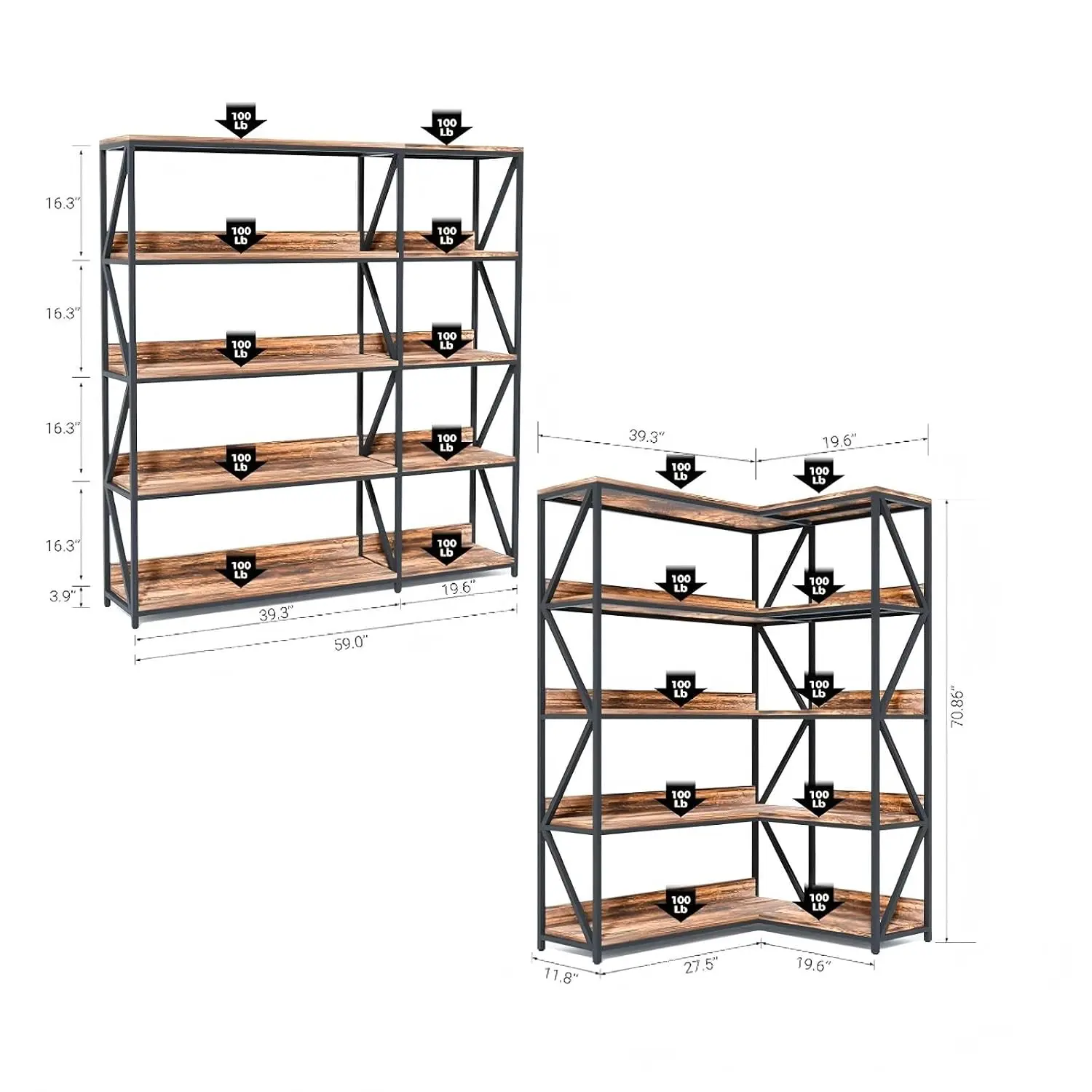 5-Tier Convertible Corner Bookshelf L-Shape Straight Grow Light 71