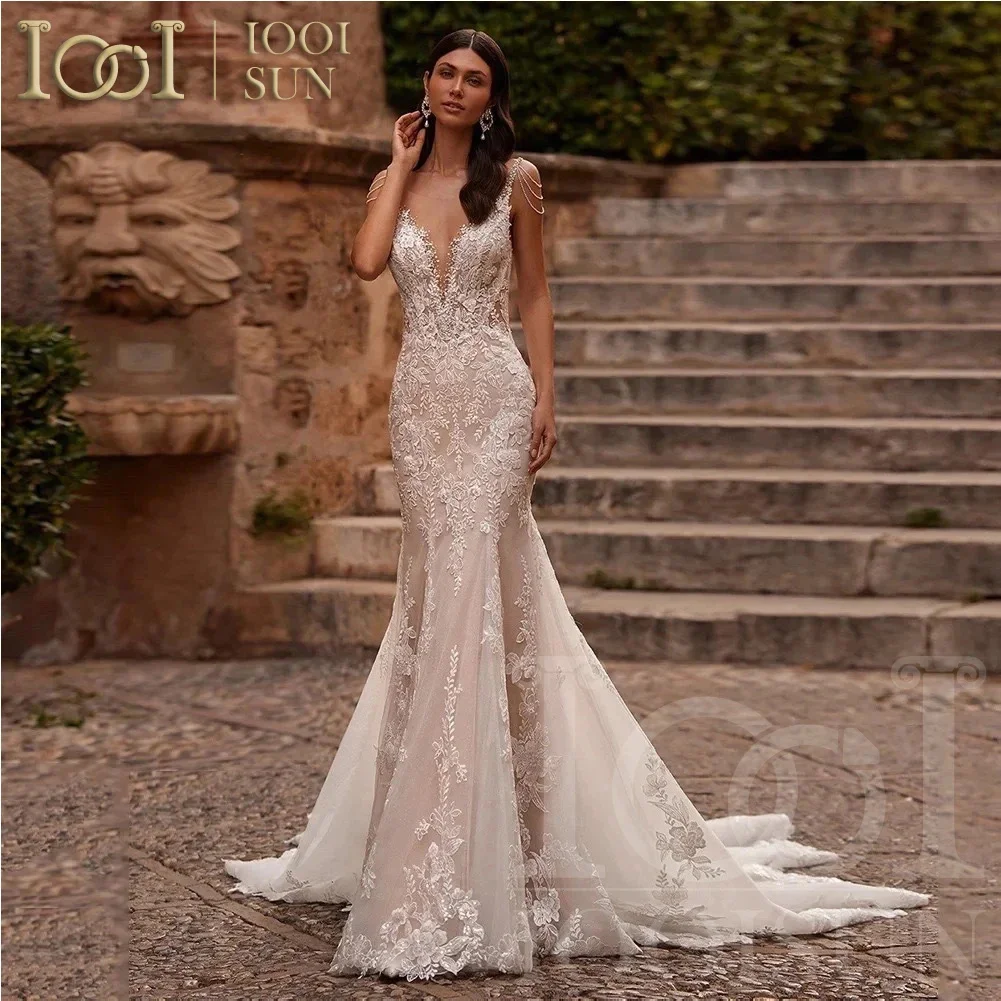 Iooisun personalizado luuvury renda com decote em v vestido de casamento cintas de espaguete apliques praia vestidos de noiva vestido de festa novia