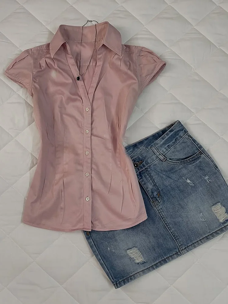 

Original Retro Pink irt Versatile ort Sve Women's Top Commute Sle Korean Fit Cotton Blend Summer New Arrival