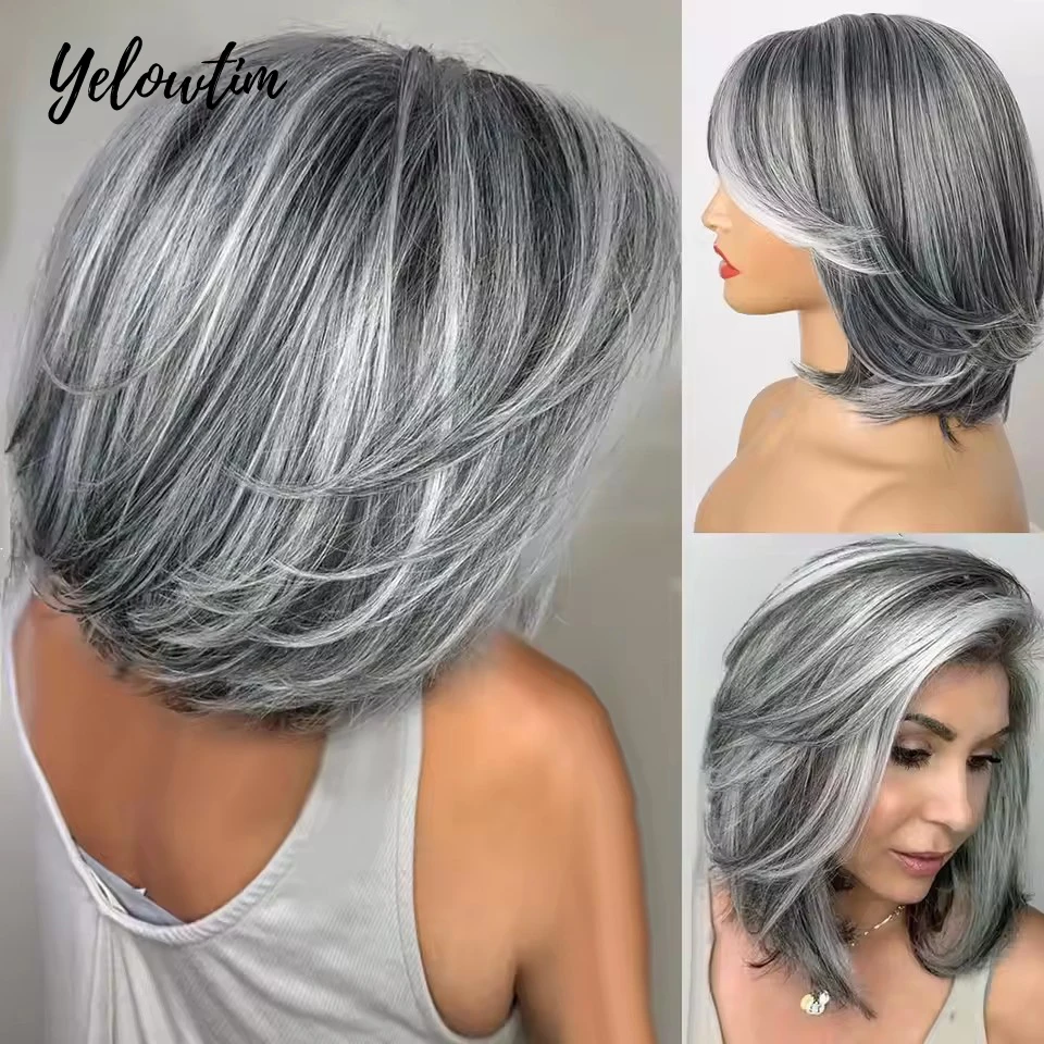 

Synthetic Silver Gray Wavy Short Wig 12 Inch Shoulder Length High Temperature Fiber Density Suitable Wigs for Women