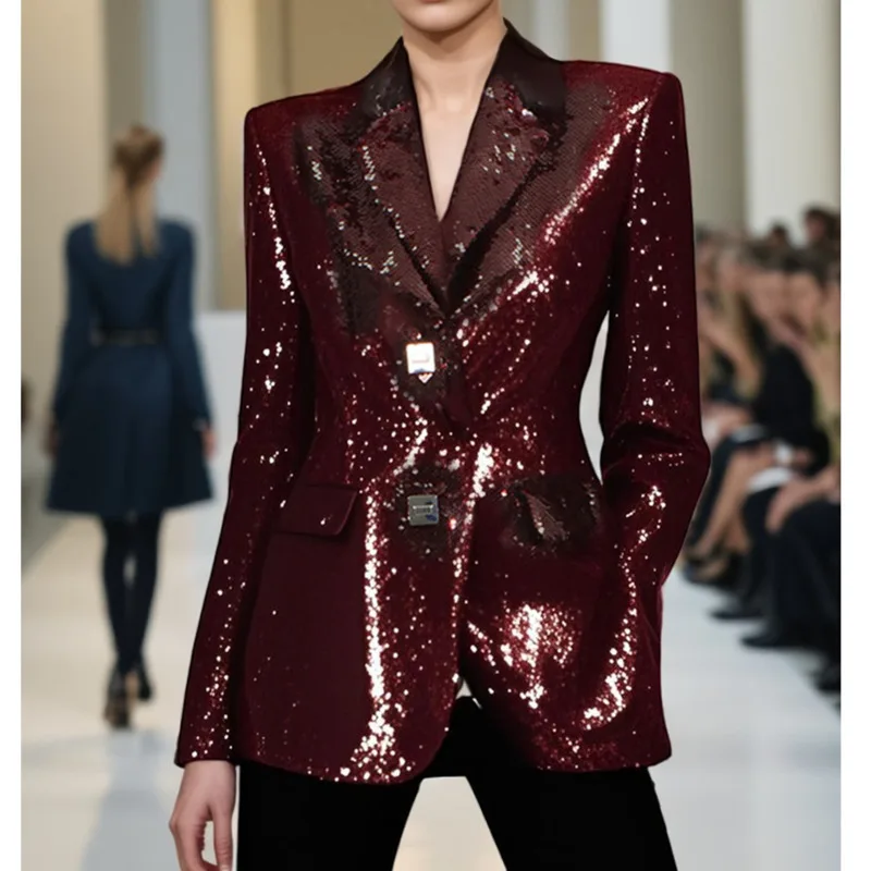 KWTX dames effen paillettenblazer SS25 retro trendy streetwear gekerfde revers taille-klinkende mode van hoge kwaliteit