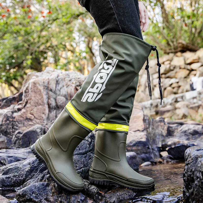 Over‑Knee High Rain Boots Men Waterproof Non‑Slip Rubber Boots Reflective Strip Tall Fishing Boot Drawstring Outdoor Water Shoes