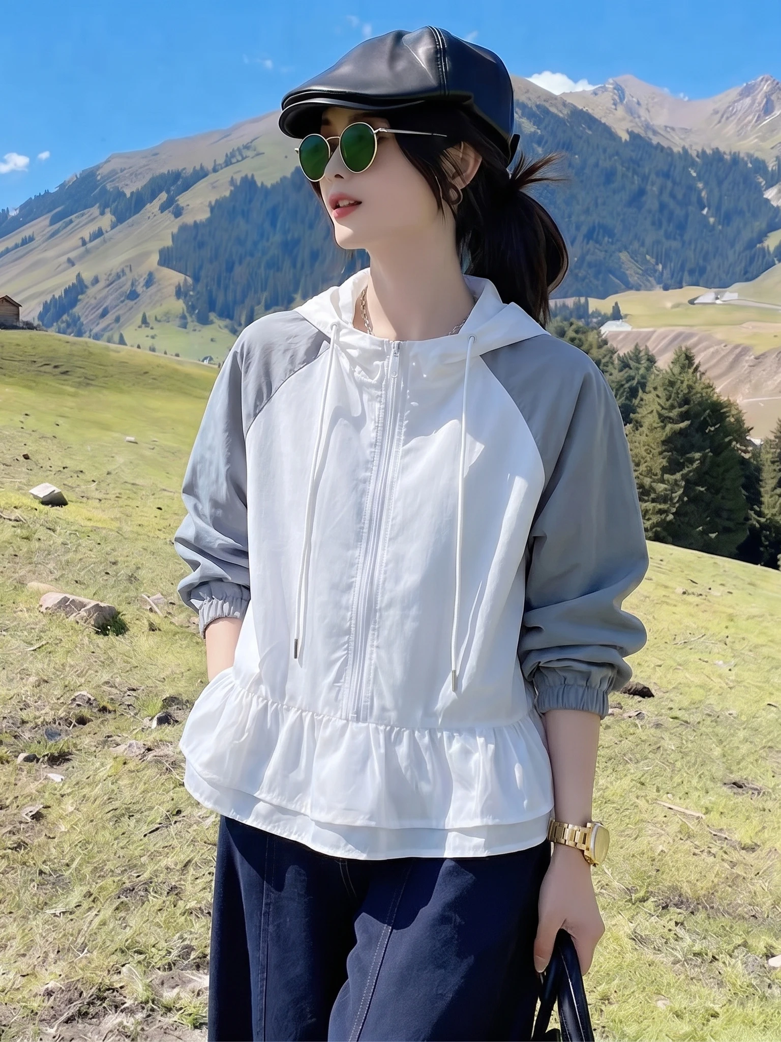

2026 New Style Korean Casual Sun Protection Jacket Patchwork Shoulder Sleeve Hooded Slimming Thin Top Commute Body Type