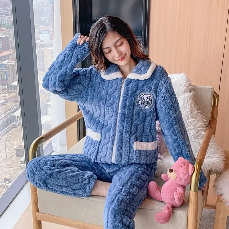 5XL Plus Size Winter Warm Velvet Sleepwear Women Pajamas Set Zipper Jacket Long Sleeve Pants Flannel Two-piece Suits Loungewear