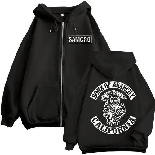 Imagen 1 del producto Sudadera con capucha y cremallera con estampado de doble cara de Sons of Anarchy para hombre y mujer, sudadera gótica Vintage con cremallera, jerséis informales de gran tamaño a la moda
