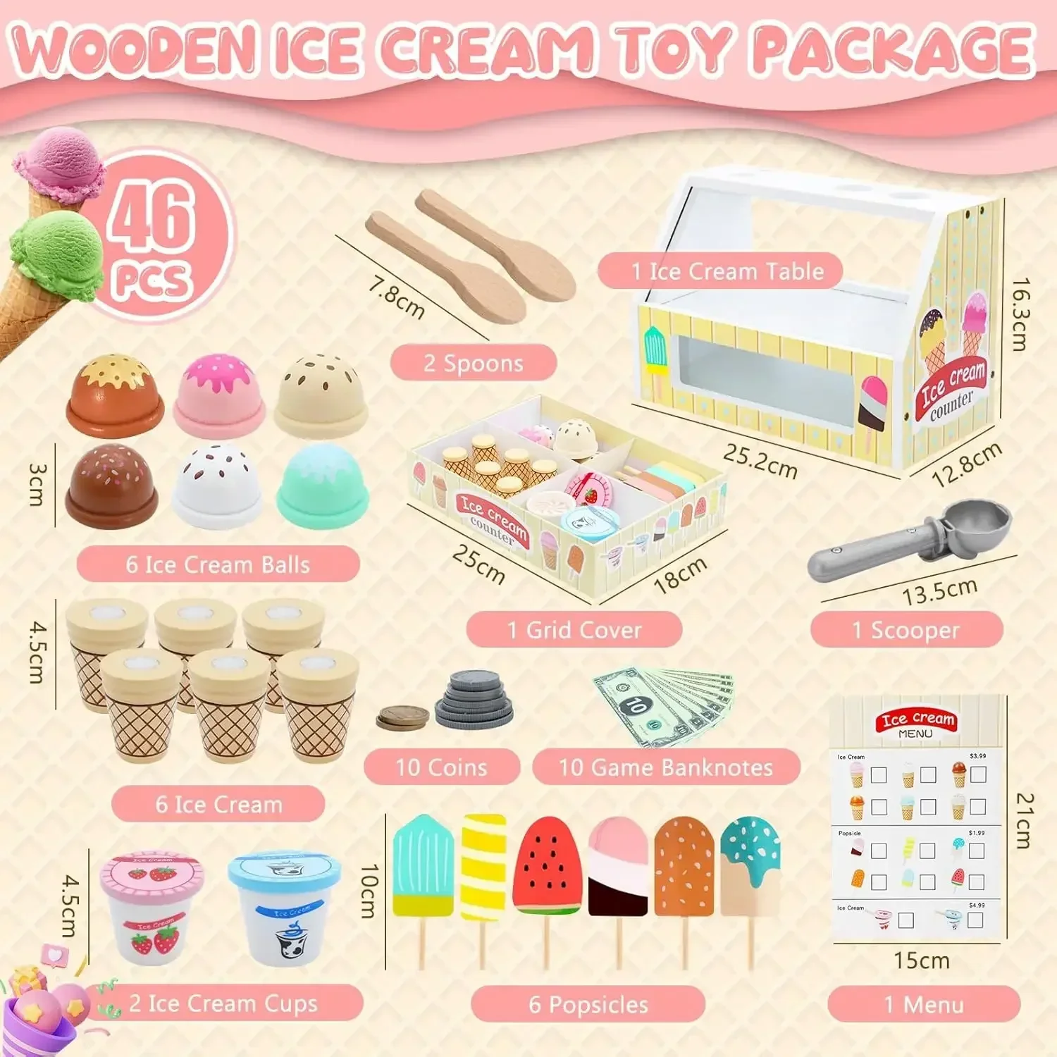 Set da gioco per contatore di gelato per bambini Montessori Fai finta di giocare con giocattoli alimentari Accessori da cucina con moneta Gioco di ruolo per bambini Ragazze Ragazzi