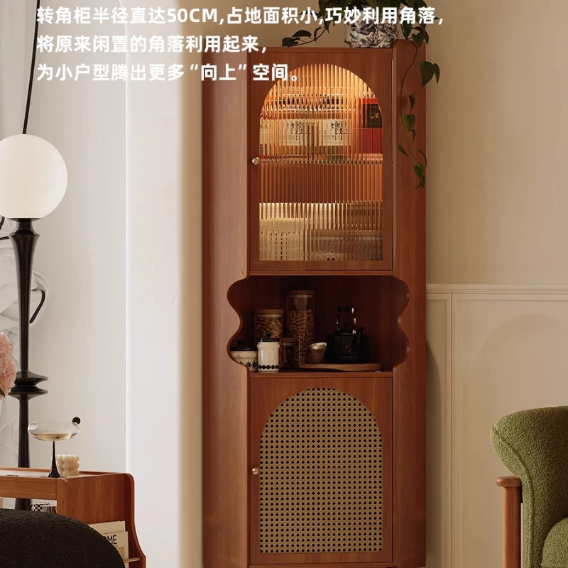 

XL retro solid wood triangle living room integrated dining side cabinet rattan corner cabinet